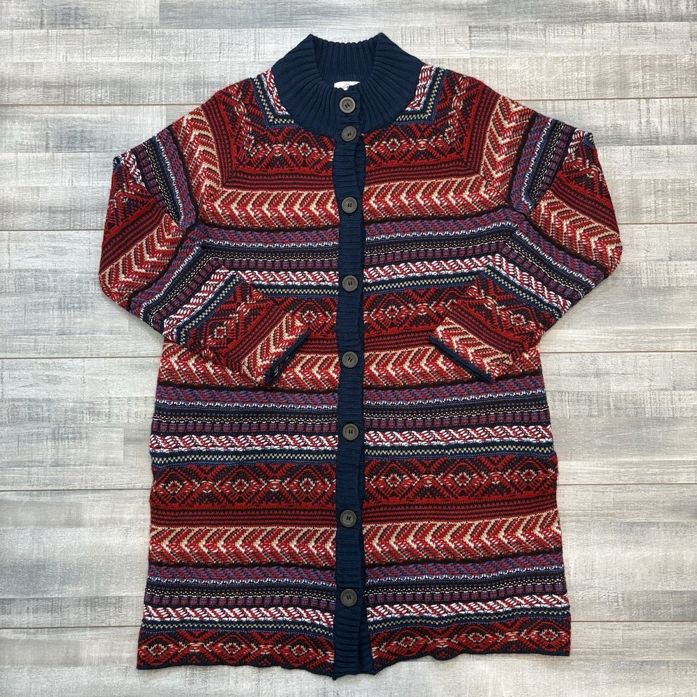 St John's Bay Cardigan Women's Red Fair Isle Knit Button Sweater Aztec Size L